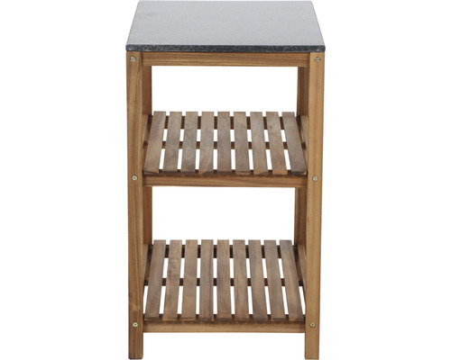 Étagère en bois avec deux tablettes et un plateau en pierre