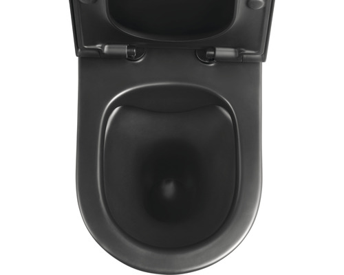Schwarze Toilette mit offenem Deckel.