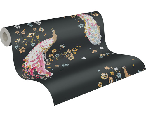 Rouleau de papier peint avec paons et motif floral