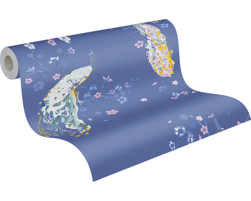 Rouleau de papier peint avec paons et motifs floraux