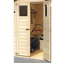 Offener Geräteschuppen aus Holz mit Gartengeräten und Rasenmäher