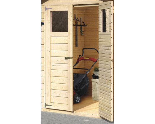 Abri de jardin en bois ouvert avec outils de jardin et tondeuse à gazon