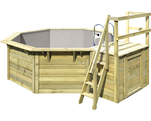 Piscine hors sol ensemble de piscine en bois Karibu X1 octogonale Ø 357,5x121 cm avec liner gris et échelle avec plateforme