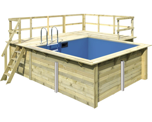 Piscine hors sol ensemble de piscine en bois Karibu Taille 1 rectangulaire 309x276,5x124 cm avec groupe de filtration à sable, liner bleu et échelle avec plateforme étendue