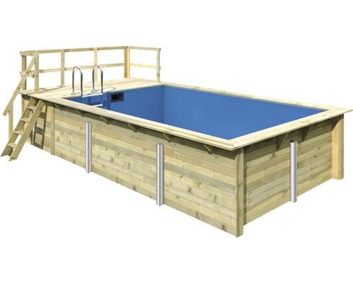 Piscine hors sol ensemble de piscine en bois Karibu Taille 3 rectangulaire 309x396x124 cm avec groupe de filtration à sable, liner bleu et échelle avec plateforme