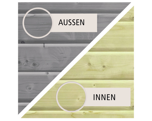 Façade en bois avec représentation de l''intérieur et de l''extérieur