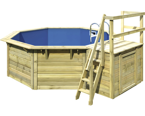 Piscine hors sol ensemble de piscine en bois Karibu X1 octogonale Ø 357,5x121 cm avec liner bleu et échelle avec plateforme