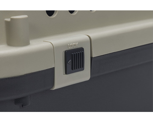 Detailansicht des Verschlusses einer Transportbox für Haustiere mit der Aufschrift ''Lock''.