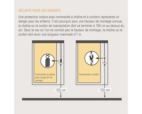Illustration sur la sécurité des enfants pour les produits de protection solaire avec commande à chaîne ou à cordon, hauteur de montage recommandée.