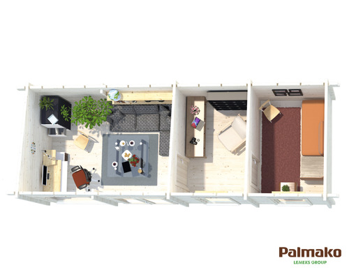 Vue de dessus de la maison en bois avec salon, chambre et bureau
