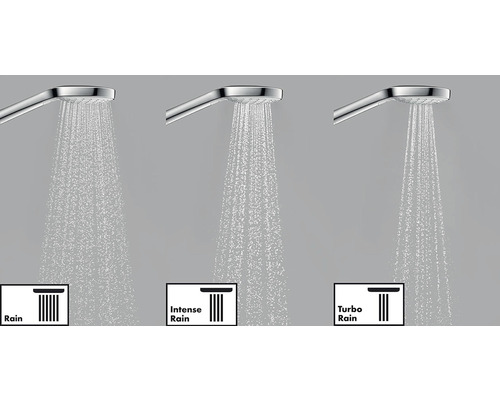 Pomme de douche avec trois types de jets : pluie, pluie intense et pluie turbo