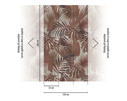 Panneau de papier peint avec motif de feuilles et indications de dimensions