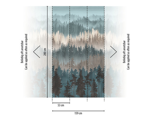 Fototapete mit Waldmotiv und Maßangaben