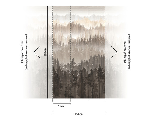 Wald Tapete mit Baum Motiv und Grössenangaben