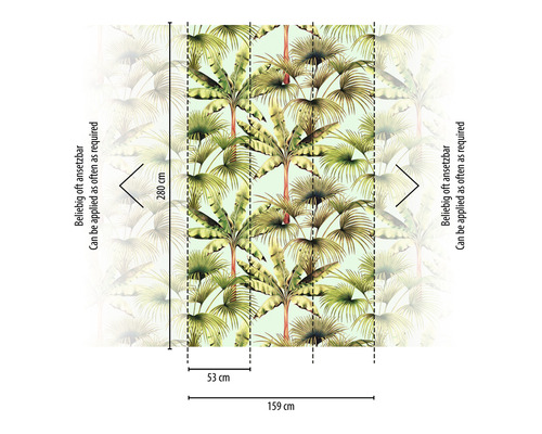 Papier peint avec motif de palmier et dimensions de 280 cm de hauteur et 159 cm de largeur