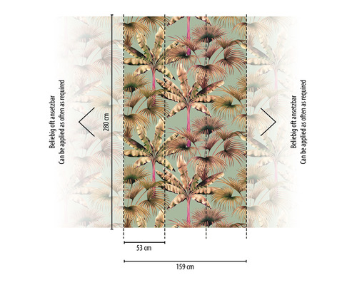 Papier peint photo avec motif de palmiers et indications de dimensions