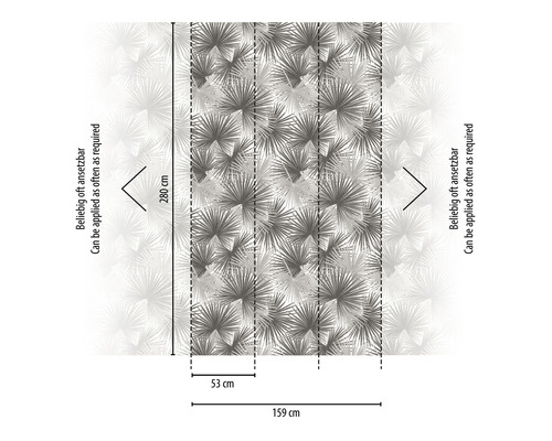 Illustration d''un papier peint intissé avec motif de feuille de palmier et dimensions.