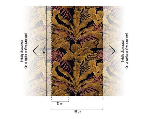 Fototapete mit Blattmuster und Massangaben