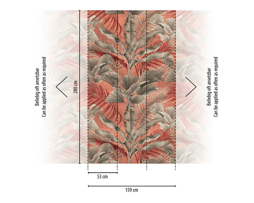 Papier peint avec motif de feuilles tropicales et dimensions 280 sur 159 centimètres
