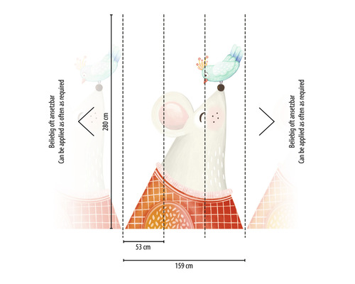 Dimensions du papier peint pour enfants avec souris et oiseau : 159 cm de large et 280 cm de haut