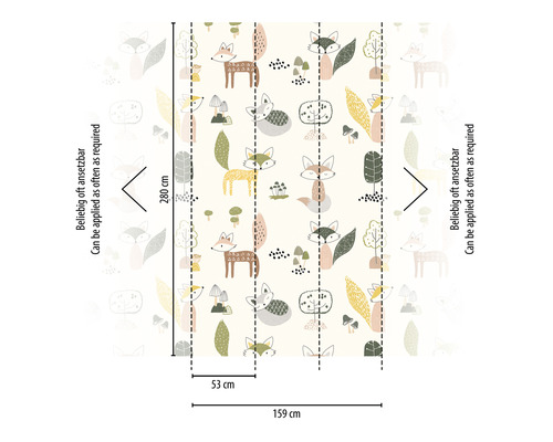 Papier peint graphique avec des renards, des arbres et des champignons