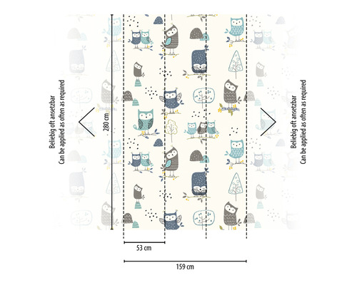 Papier peint avec motif de hiboux et indications de taille