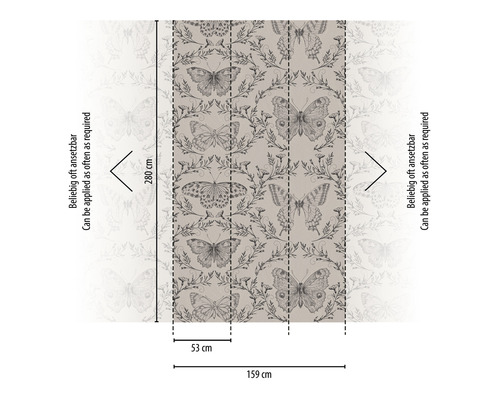 Papier peint avec motif de papillons et dimensions 280 sur 159 centimètres
