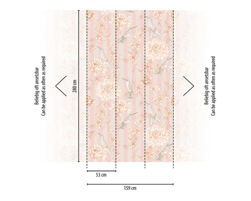 Papier peint avec motifs de fleurs et d''oiseaux et indications de dimensions