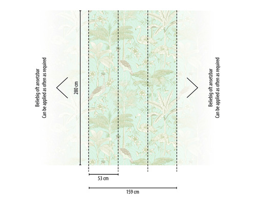 Dimensions d''un papier peint à motifs d''oiseaux et de plantes, 280 x 159 cm