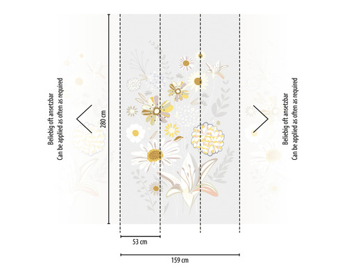 Papier peint fleuri avec des marguerites et des lys, dimensions 159 cm de large et 280 cm de haut