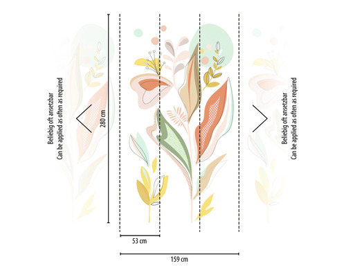 Vliestapete mit abstraktem Pflanzenmuster und den Maßen 280 mal 159 Zentimeter.