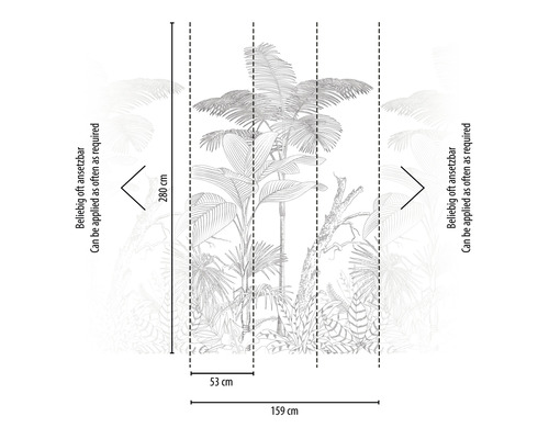 Illustration d''un papier peint intissé avec un motif de jungle, dimensions 159 sur 280 centimètres