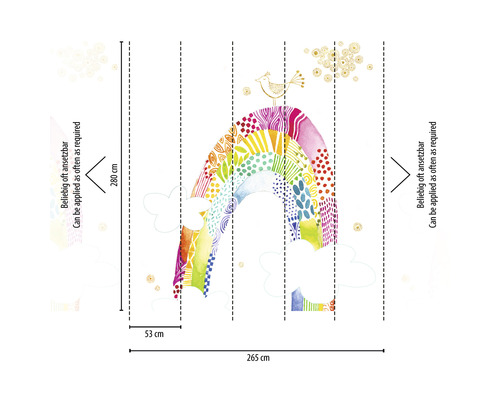 Papier peint photo avec motif arc-en-ciel et indications de taille.