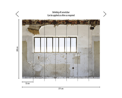 Papier peint photo avec mur en pierre et fenêtre, dimensions 371 sur 280 cm