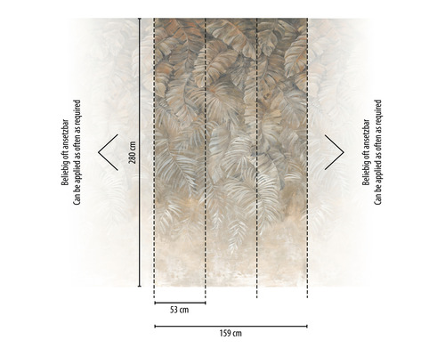Papier peint photo avec motif de feuilles et indications de dimensions