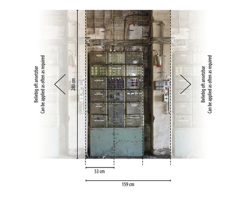 Abmessungen eines Schaltkastens mit einer Breite von 159 Zentimetern und einer Höhe von 280 Zentimetern