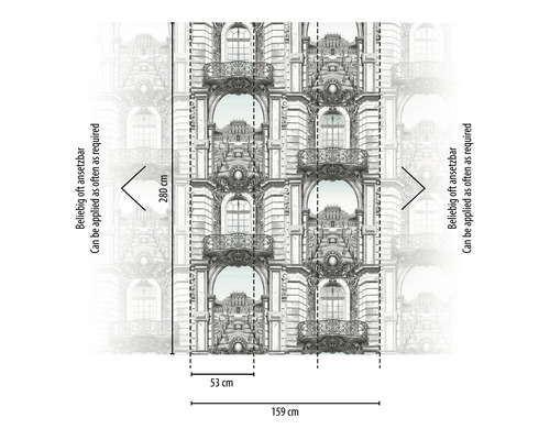 Papier peint avec motif de façade et dimensions 280 cm de hauteur et 159 cm de largeur