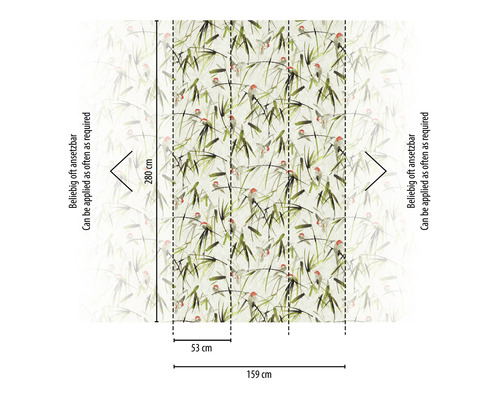 Papier peint avec motif de bambou et d''oiseaux, 280 cm de haut et 159 cm de large