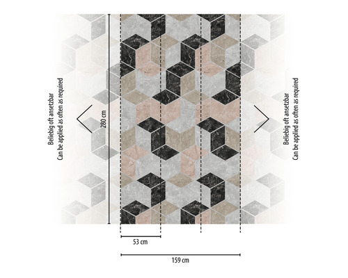 Papier peint avec motif géométrique en cube et indications de dimensions