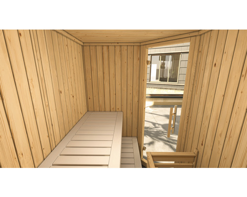 Innenansicht einer Sauna mit Holzbänken und Holzwänden