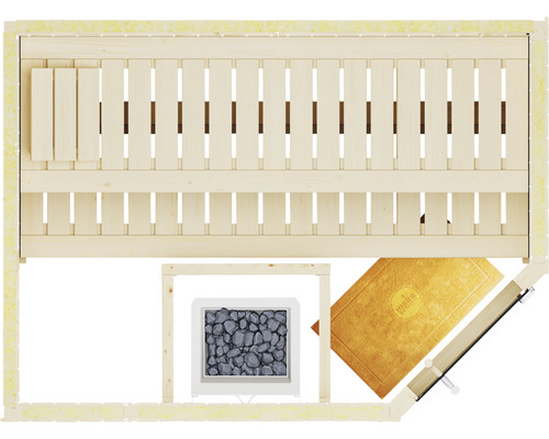 Draufsicht einer Sauna mit Bänken, Ofen, Matte und Fenster