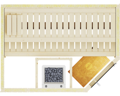 Vue de dessus d''un sauna avec des bancs, un poêle avec des pierres et une serviette