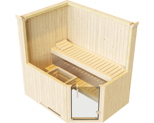 Sauna en bois avec couchettes et porte en verre
