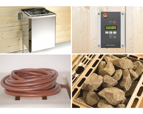 Aperçu du poêle de sauna, de la commande, des pierres de sauna et du câble en silicone