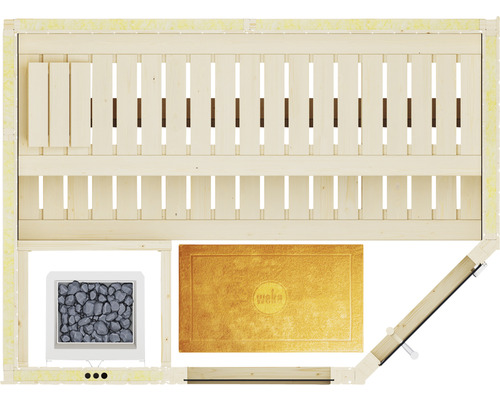 Draufsicht der Innenausstattung einer Sauna mit Bänken, Saunaofen und Matte