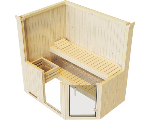 Innenansicht einer Holzsauna mit Bänken und Glastür