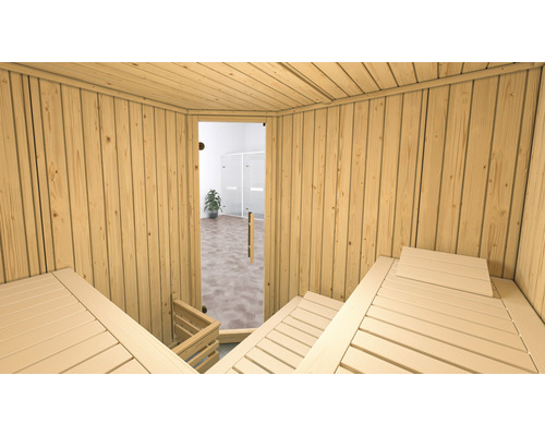 Sauna en bois avec bancs et porte en verre