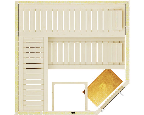 Vue intérieure d''un sauna avec des bancs en bois et des accessoires