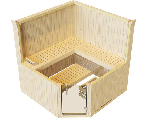 Sauna intérieure avec bancs en bois et porte en verre