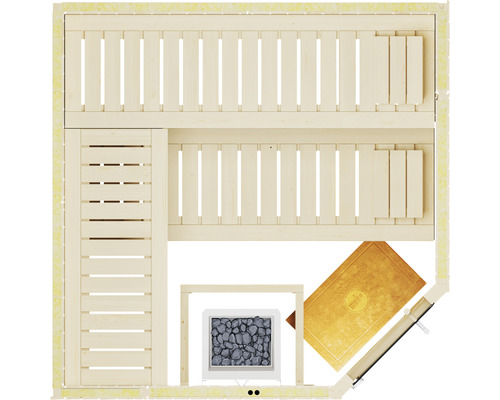 Draufsicht einer Sauna mit Bänken, Ofen, Buch und Rollo